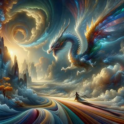 Primary subject: A dragon with a long tail and horns, flying through a colorful, swirling sky.

Setting/background: The dragon is flying over a colorful, swirling sky, with a mountainous landscape in the background.

Visual style: The image is a digital art piece, featuring a vibrant and dynamic scene.

Colors and mood: The colors in the image are predominantly bright and vivid, creating a lively and energetic atmosphere.